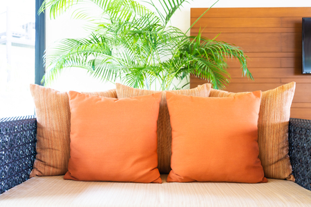 Comfortable pillow on sofa decoration in living room interior for relax and leisureの写真素材