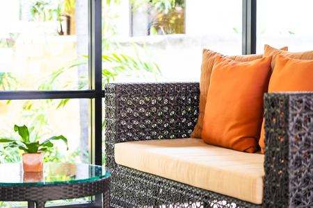 Comfortable pillow on sofa decoration in living room interior for relax and leisureの写真素材