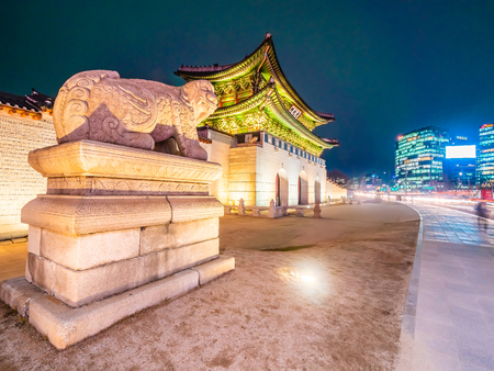 Beautiful architecture building of gyeongbokgung palace landmark of Seoul city in South Koreaの写真素材