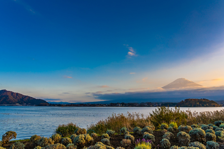 Beautiful landscape of mountain fuji with maple leaf tree around lake in autumn season at sunset time Yamanashi Japanの写真素材