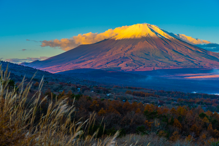 Beautiful landscape of fuji mountain in yamanakako or yamanaka lake in autumn season Japanの写真素材