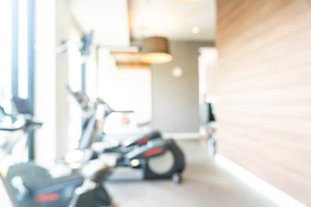 Abstract and defocused fitness equipment in gym interior room for exercise and healthyの写真素材