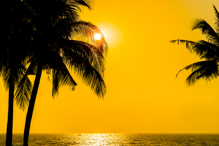 Beautiful Silhouette coconut palm tree on sky neary sea ocean beach at sunset or sunrise time for leisure travel and vacation conceptの写真素材