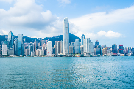 Beautiful architecture building exterior cityscape of hong kong city skyline with blue sky backgroundのeditorial素材