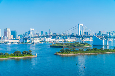 Beautiful architecture building cityscape of tokyo city with rainbow bridge in japanのeditorial素材