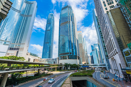 Beautiful architecture office building exterior skyscraper in hong kong city on blue sky background