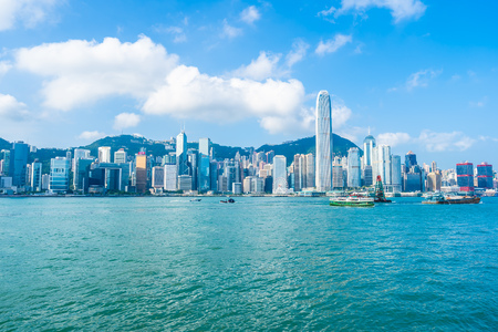 Beautiful architecture building exterior cityscape of hong kong city skyline with blue sky backgroundのeditorial素材