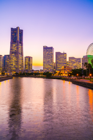 Beautiful architecture building of yokohama city skyline at twilight in Japanのeditorial素材