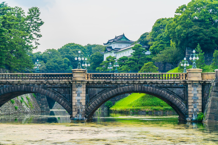 Beautiful old architecture imperial palace castle with moat and bridge at Tokyo city japanのeditorial素材
