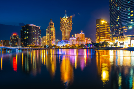 Beautiful architecture building cityscape in macau city at nightのeditorial素材