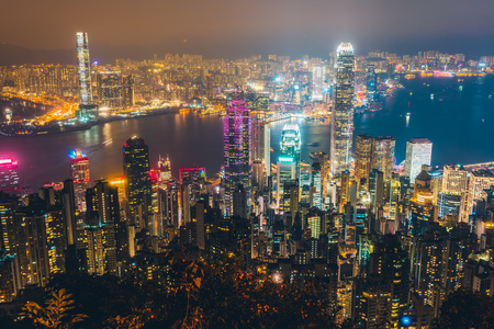 Beautiful architecture building exterior cityscape of hong kong city skyline at twilight and nightのeditorial素材