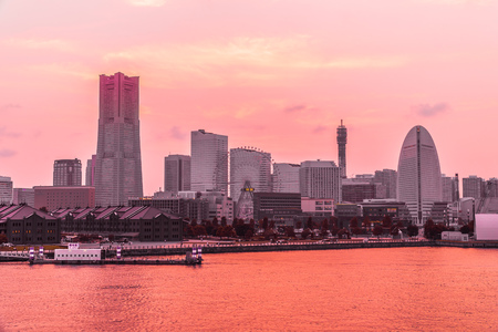 Beautiful exterior of building and architecture in Yokohama city skyline japan at sunset timeのeditorial素材
