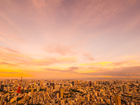 Beautiful Aerial view of architecture and tokyo tower building around city at sunset time in japanのeditorial素材
