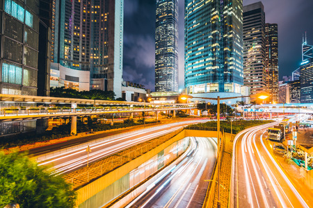 Beautiful architecture building exterior cityscape of hong kong city skyline at nightのeditorial素材