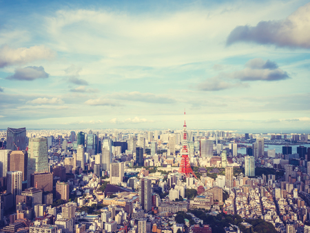 Beautiful Architecture and building around tokyo city with tokyo tower in japan with blue sky and white cloudのeditorial素材