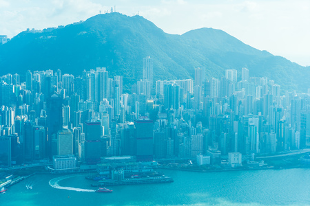 Beautiful architecture building exterior cityscape of hong kong city skyline with blue sky backgroundのeditorial素材