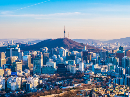 Beautiful Architecture building cityscape with tower in Seoul city South Koreaのeditorial素材