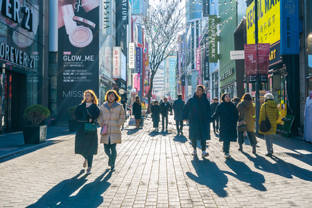 Seoul, South Korea 10 December 2018 : Myeong dong market is the popular place and district for shopping find something eat and sightseeingのeditorial素材