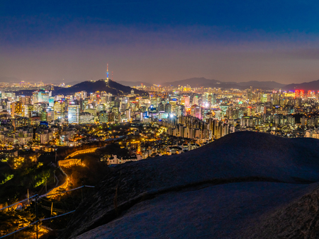 Beautiful Architecture building cityscape with tower in Seoul city South Koreaのeditorial素材