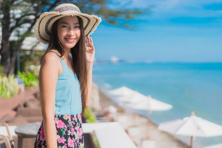 Portrait beautiful young asian woman happy smile relax around beach ocean and sea for leisure travel and vacationのeditorial素材