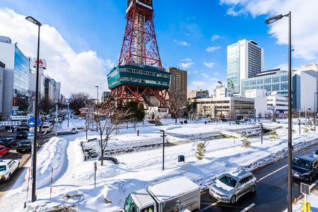 Sapporo Hokkaido, Japan - 2 February 2019 Beautiful architecture building of Sapporo Tv in Sapporo city Hokkaido Japan in snow winter seasonのeditorial素材