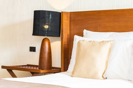 Beautiful comfortable luxury white pillow and blanket on bed decoration in bedroom interior