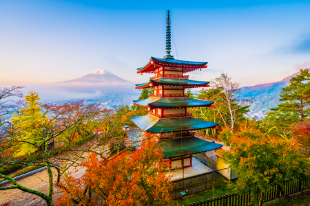 Beautiful landscape of mountain fuji with chureito pagoda around maple leaf tree in autumn season at Yamanashi Japanのeditorial素材