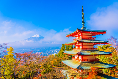 Beautiful landscape of mountain fuji with chureito pagoda around maple leaf tree in autumn season at Yamanashi Japanのeditorial素材