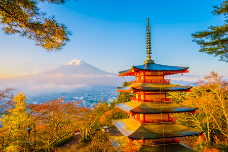 Beautiful landscape of mountain fuji with chureito pagoda around maple leaf tree in autumn season at Yamanashi Japanのeditorial素材