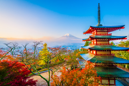 Beautiful landscape of mountain fuji with chureito pagoda around maple leaf tree in autumn season at Yamanashi Japanのeditorial素材