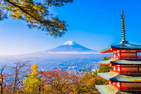 Beautiful landscape of mountain fuji with chureito pagoda around maple leaf tree in autumn season at Yamanashi Japanのeditorial素材