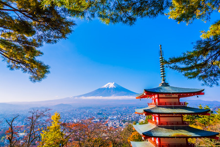 Beautiful landscape of mountain fuji with chureito pagoda around maple leaf tree in autumn season at Yamanashi Japanのeditorial素材