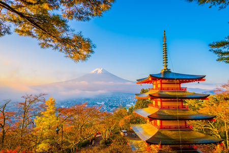 Beautiful landscape of mountain fuji with chureito pagoda around maple leaf tree in autumn season at Yamanashi Japanのeditorial素材
