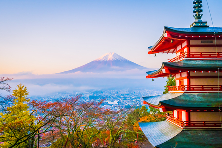 Beautiful landscape of mountain fuji with chureito pagoda around maple leaf tree in autumn season at Yamanashi Japanのeditorial素材
