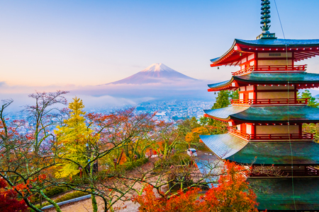 Beautiful landscape of mountain fuji with chureito pagoda around maple leaf tree in autumn season at Yamanashi Japanのeditorial素材