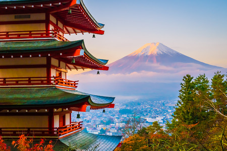 Beautiful landscape of mountain fuji with chureito pagoda around maple leaf tree in autumn season at Yamanashi Japanのeditorial素材