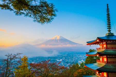 Beautiful landscape of mountain fuji with chureito pagoda around maple leaf tree in autumn season at Yamanashi Japanのeditorial素材