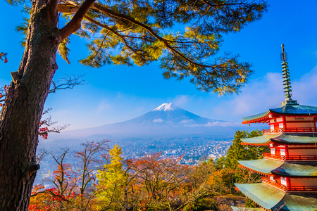 Beautiful landscape of mountain fuji with chureito pagoda around maple leaf tree in autumn season at Yamanashi Japanのeditorial素材