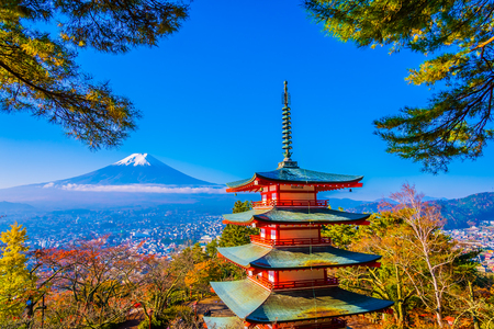 Beautiful landscape of mountain fuji with chureito pagoda around maple leaf tree in autumn season at Yamanashi Japanのeditorial素材