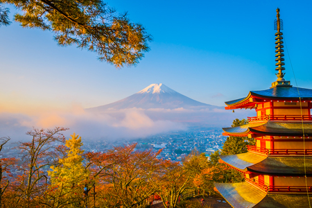 Beautiful landscape of mountain fuji with chureito pagoda around maple leaf tree in autumn season at Yamanashi Japanのeditorial素材