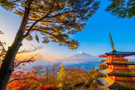Beautiful landscape of mountain fuji with chureito pagoda around maple leaf tree in autumn season at Yamanashi Japanのeditorial素材