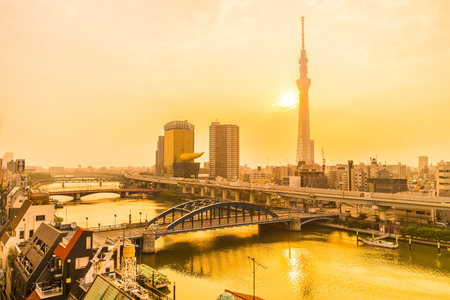 Beautiful architecture building in tokyo city with tokyo sky tree at sunrise japanのeditorial素材