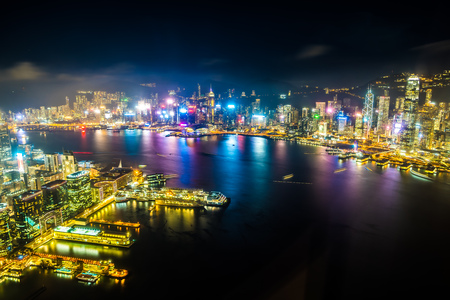 Beautiful architecture building exterior cityscape of hong kong city skyline at nightのeditorial素材