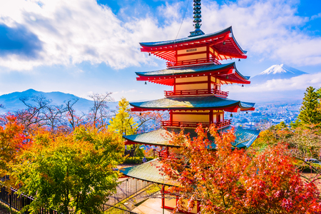 Beautiful landscape of mountain fuji with chureito pagoda around maple leaf tree in autumn season at Yamanashi Japanのeditorial素材