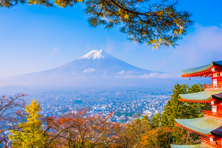 Beautiful landscape of mountain fuji with chureito pagoda around maple leaf tree in autumn season at Yamanashi Japanのeditorial素材
