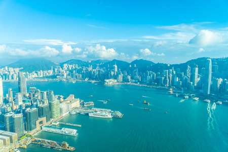 Beautiful architecture building exterior cityscape of hong kong city skyline on blue skyのeditorial素材