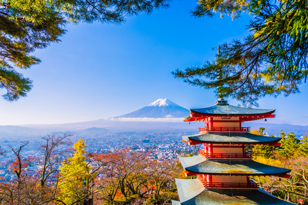 Beautiful landscape of mountain fuji with chureito pagoda around maple leaf tree in autumn season at Yamanashi Japanのeditorial素材