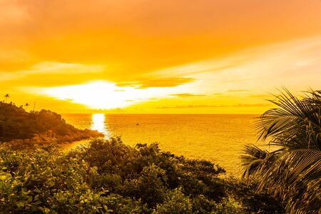 Beautiful outdoor tropical beach sea around samui island with coconut palm tree and other at sunset or sunrise time for holiday vacation travelの写真素材
