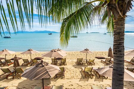 Beautiful tropical beach sea and ocean with coconut palm tree  and umbrella and chair on blue sky and white cloud for holiday vacation travelの写真素材