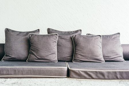 Comfortable pillow on sofa with outdoor patioの写真素材